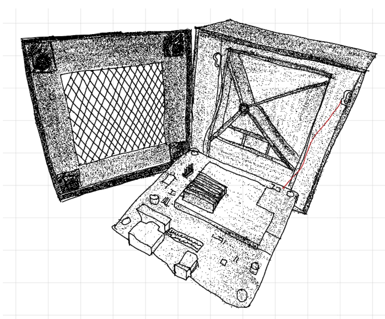 Ink sketch of an open electronic receiver assembly